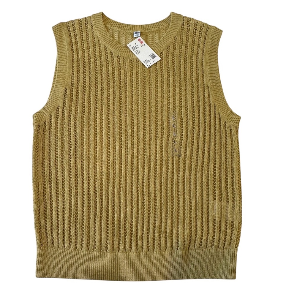 Uniqlo Women's Yellow Open Knit Mesh Crewneck Sleeveless Sweater‎ Top, Large - Picture 5 of 8